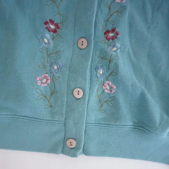Vintage Shenanigans Teal Cardigan Floral Embroidery Romantic Coastal Grandma M - Picture 7 of 11